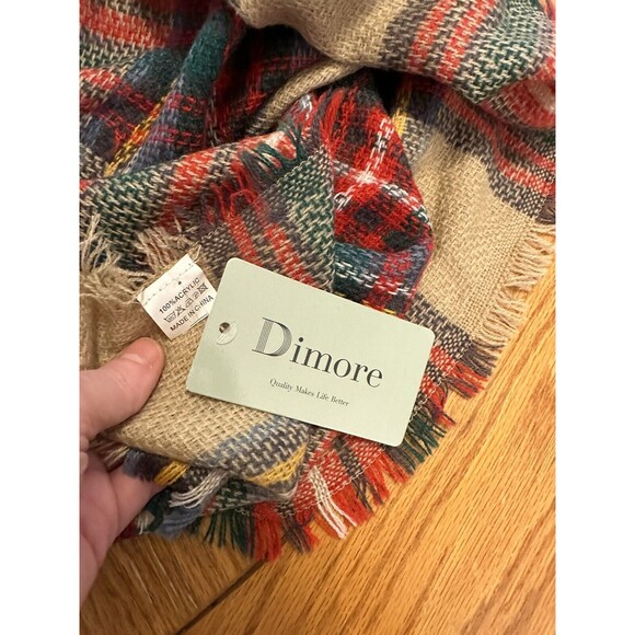 NWT Dimore Red Plaid Blanket Scarf Women Big Oversized 56” x 56” Eyelash Fringe - Picture 2 of 9